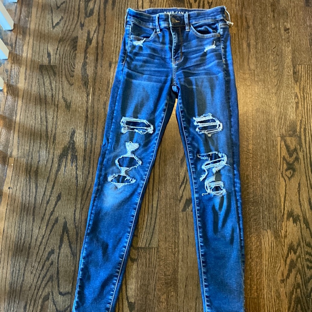 American Eagle Dark Blue Skinny Jeans with rips size 2